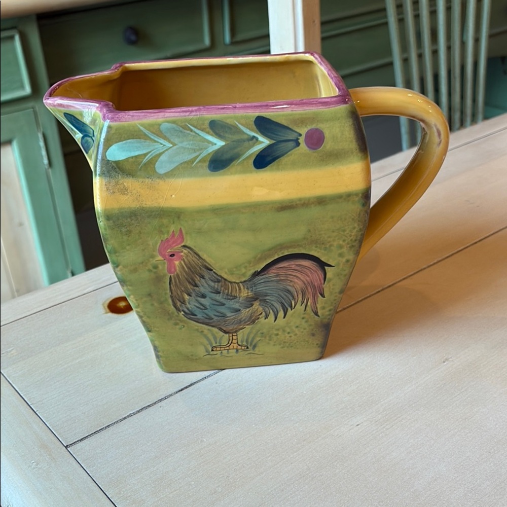 Yellow and Green Ceramic Pitcher with Folk Art Design